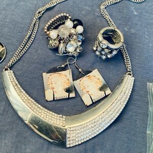 Silver Statement Necklace and Earrings and Rings Bundle